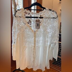 Boutique Brand: Bohemia, XXL, White Lace Button Front Women's Top 3 qtr Sleeves
